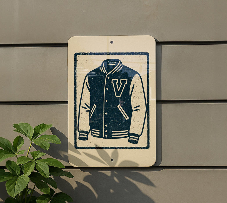 a sign with a graphic of a v-shaped jacket, mounted on a wall next to a plant.