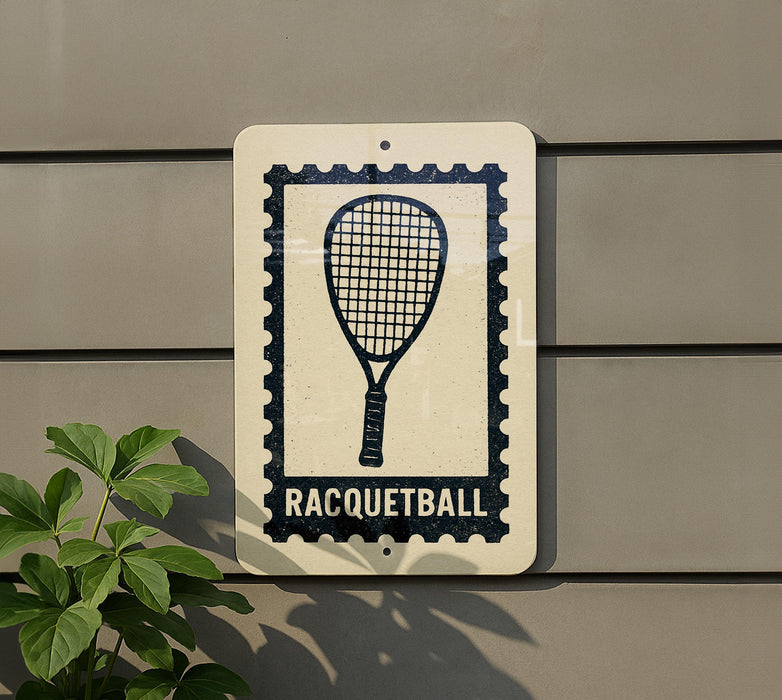 A sign with a racquetball symbol on it is mounted on a wall, with a plant visible to the left.