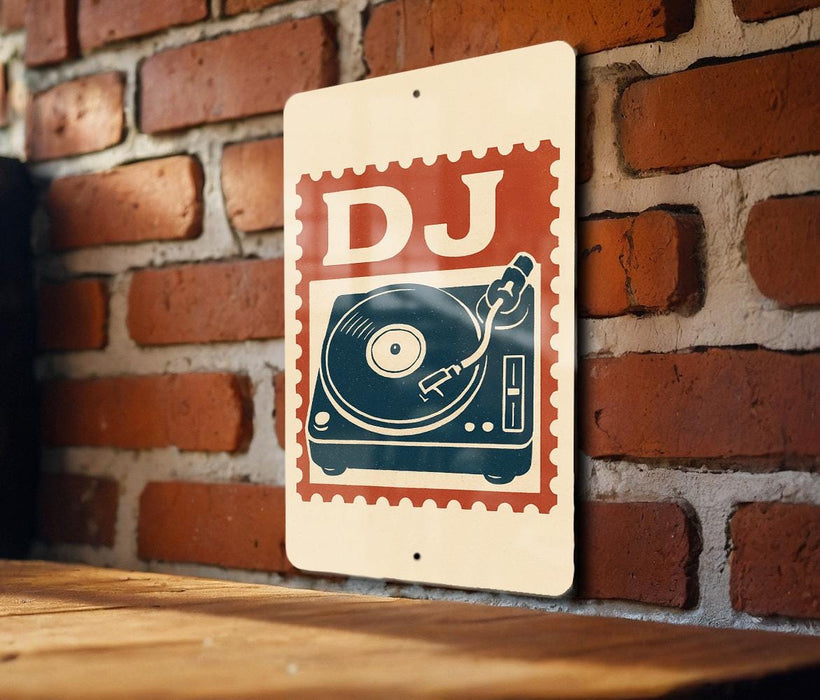 A sign with a stylized DJ turntable and the letters "DJ" is displayed on a brick wall.