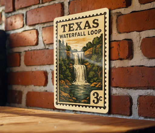 A metal sign with a waterfall illustration and the text "TEXAS WATERFALL LOOP" is displayed on a brick wall.