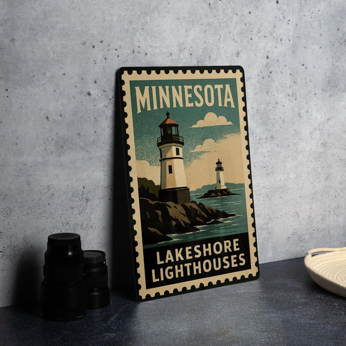 A Minnesota-themed metal sign featuring a lighthouse and the text "Lakeshore Lighthouses" is displayed on a gray countertop.