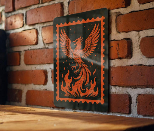 a large, ornate metal sign with a striking design of a phoenix, a mythical bird, depicted in a fiery orange and black color scheme. The sign is mounted on a brick wall, creating a visually striking contrast between the natural and man-made elements.