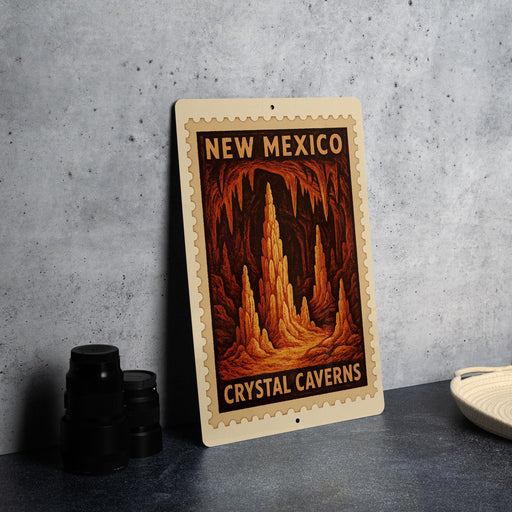 A framed poster of the Crystal Caves in New Mexico, featuring an illustration of the cave system.
