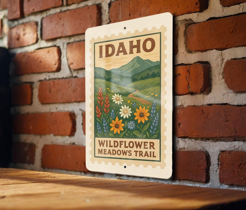 A sign for the Idaho Wildflower Meadows Trail is displayed on a brick wall.