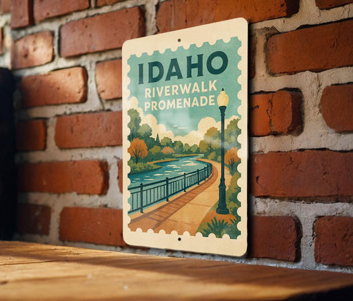 A vintage-style sign for Idaho Riverwalk promenade is displayed on a brick wall.