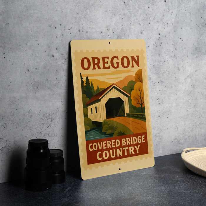 a sign for the Covered Bridge Country, which is located in Oregon.