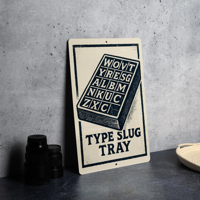 A metal sign with a black and white design, featuring the text "WOV'T YREISG ALB M NKU C ZXCI" and the phrase "TYP E SLUG TRAY".