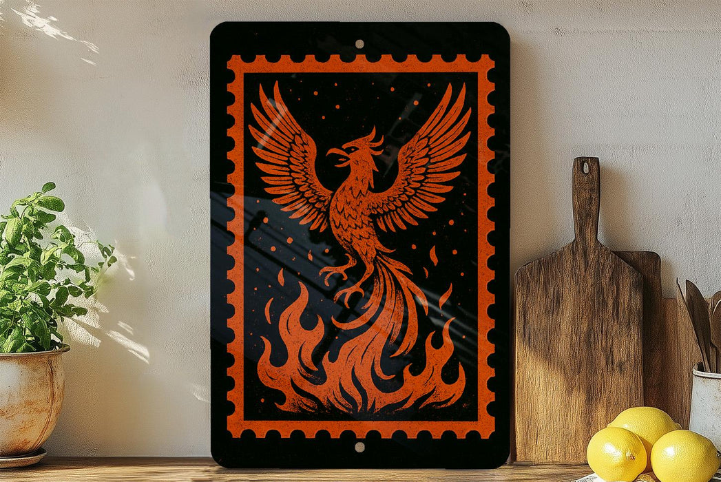 a black and orange sign with a phoenix design, surrounded by various kitchen items such as a wooden cutting board, a potted plant, and a bowl of lemons.