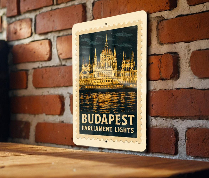 A vintage-style poster of the Hungarian Parliament Lights, a famous landmark in Budapest, Hungary.