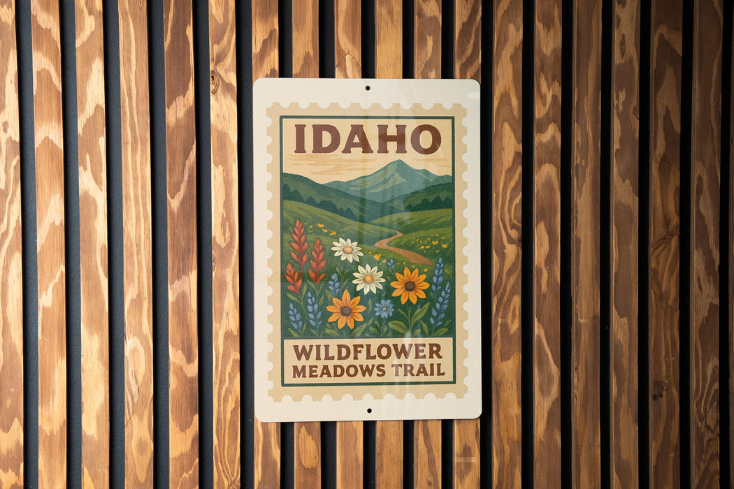 A sign for the Idaho Wildflower Meadows Trail is displayed on a wooden wall.