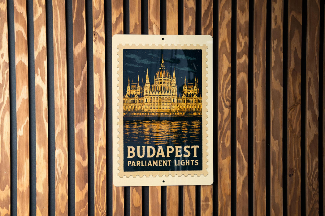 A vintage-style postage stamp depicting the Hungarian Parliament Lights in Budapest, Hungary.