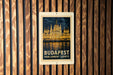 A vintage-style postage stamp depicting the Hungarian Parliament Lights in Budapest, Hungary.
