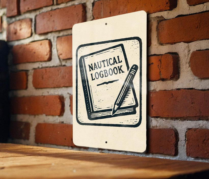 A sign with the text "Nautical Logbook" and an illustration of a book and pencil is displayed on a brick wall.