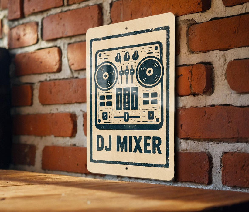 A sign for a DJ mixer is displayed on a brick wall.