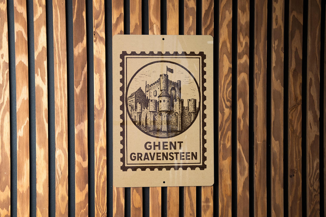 a sign with a castle illustration and the text "Ghent Gravensteen" on a wooden wall.