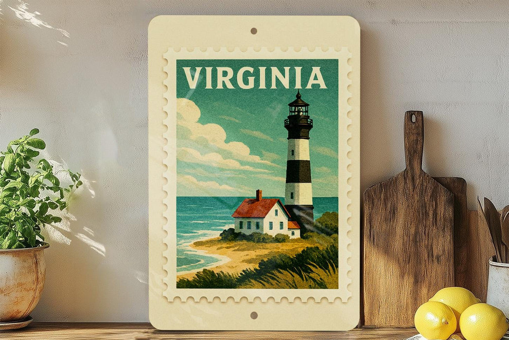 A framed vintage postage stamp depicting a lighthouse on a coastal scene, with the word "VIRGINIA" written on it.