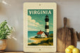 A framed vintage postage stamp depicting a lighthouse on a coastal scene, with the word "VIRGINIA" written on it.
