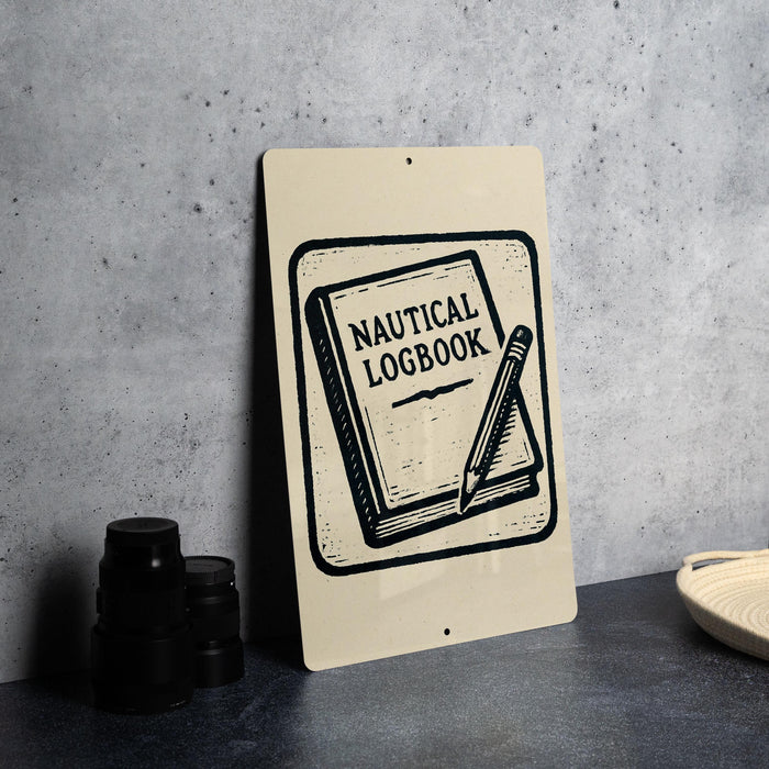 a sign with a nautical logbook design, placed on a countertop next to some black camera lenses.
