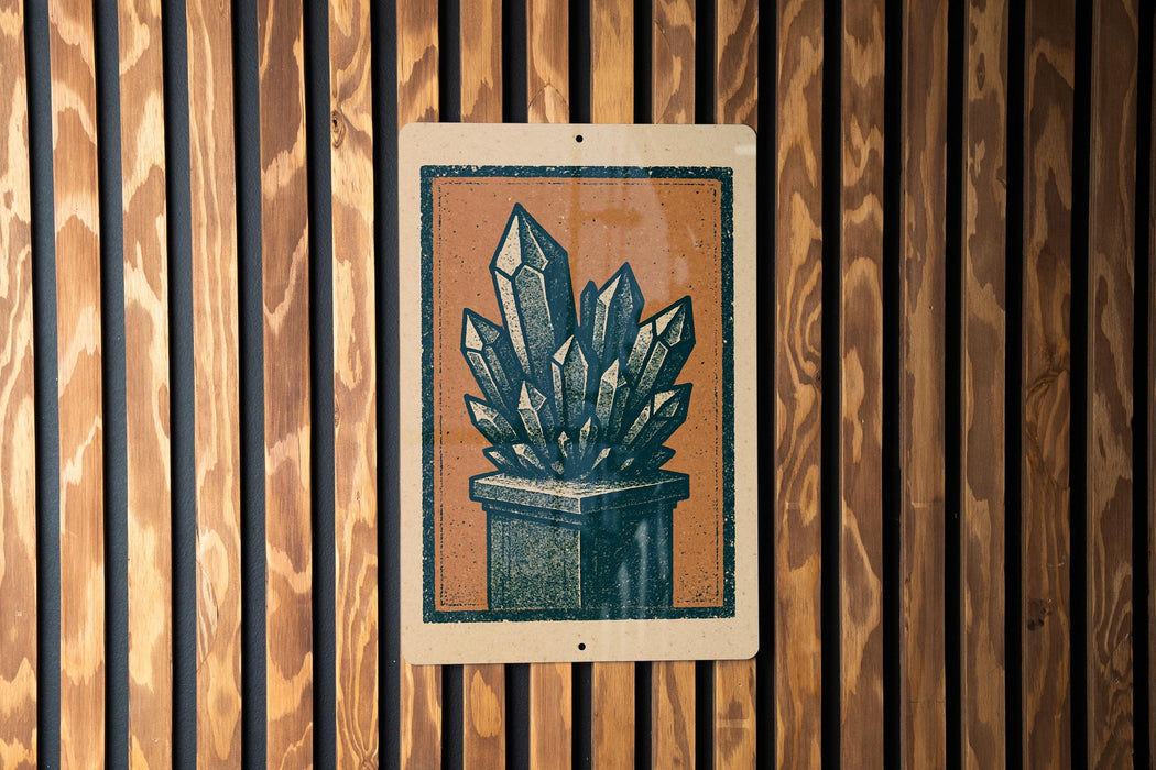 a sign with a stylized illustration of a crystal formation on a wooden background.