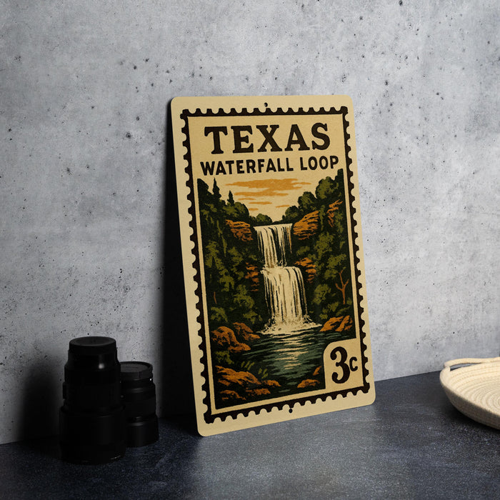 A metal sign with a waterfall illustration and the text "Texas Waterfall Loop" is displayed on a table.