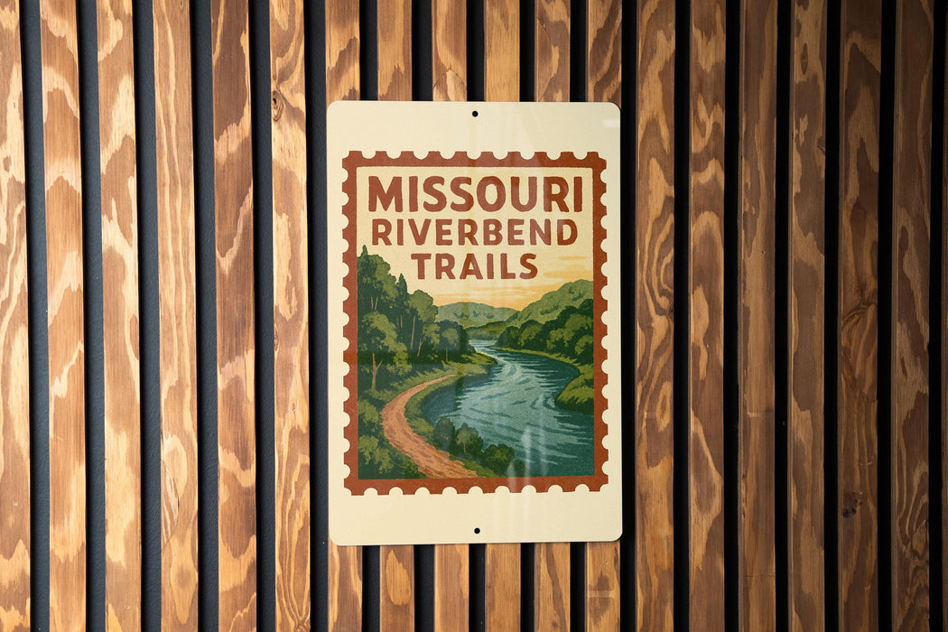 A sign for the Missouri River Bend Trail is displayed on a wooden wall.