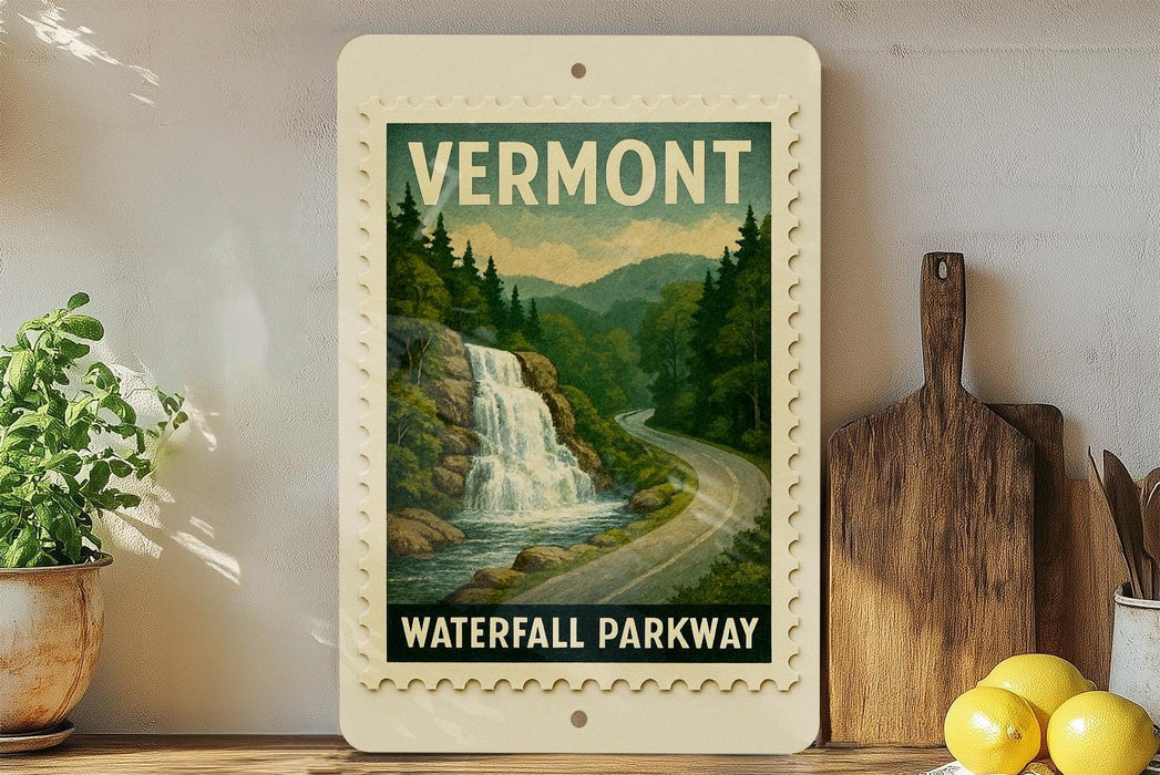 A framed poster of a waterfall is displayed on a shelf, with a wooden cutting board and a potted plant nearby.