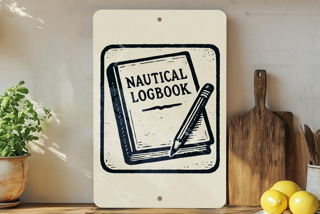 a nautical-themed sign with a book and pencil, placed on a wooden surface next to a wooden cutting board and some lemons.