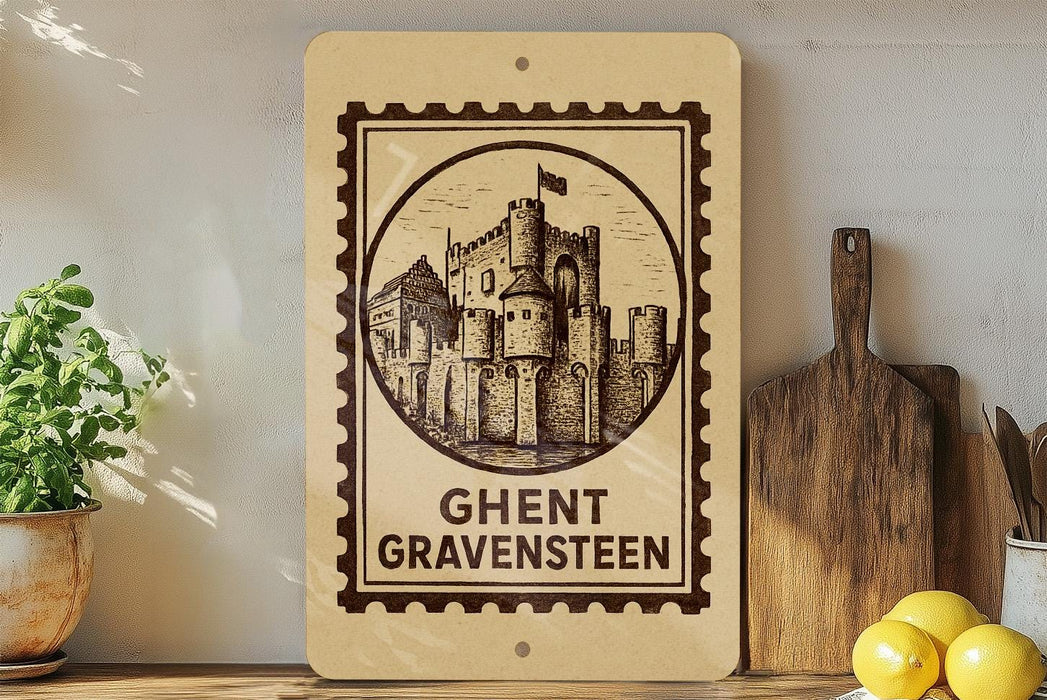 a wooden sign with a castle illustration, placed on a shelf next to a potted plant and a cutting board.