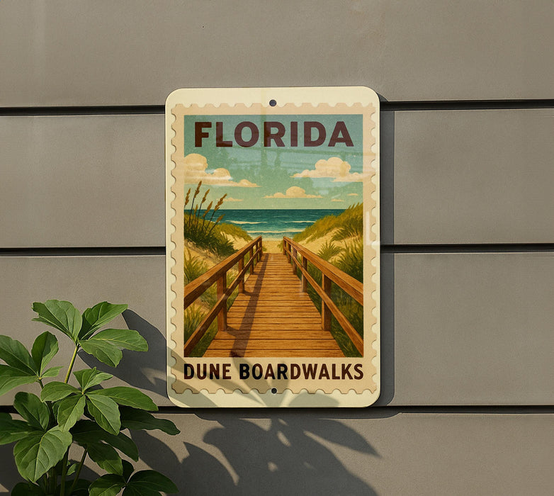 A metal sign with a beach scene and a wooden walkway, mounted on a wall.