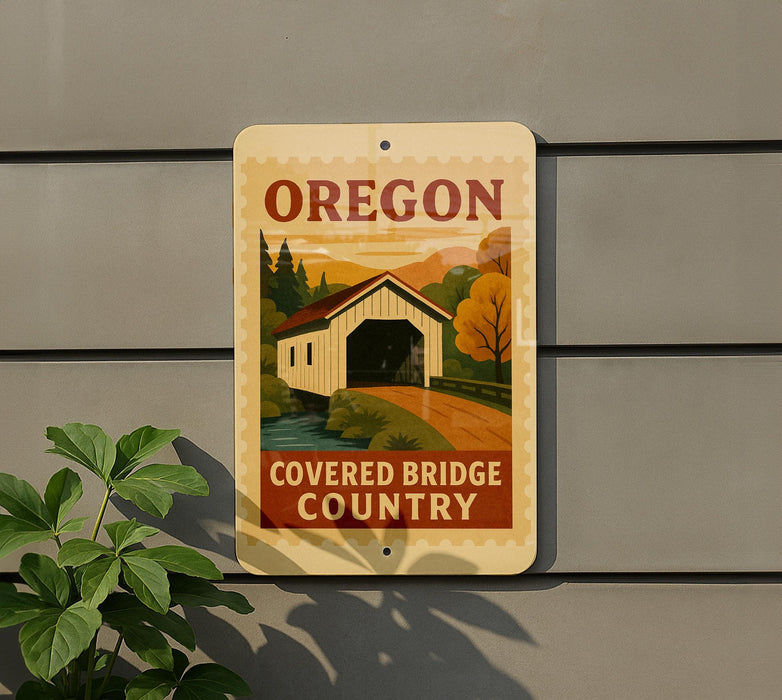a sign for the Covered Bridge Country, which is located in Oregon.