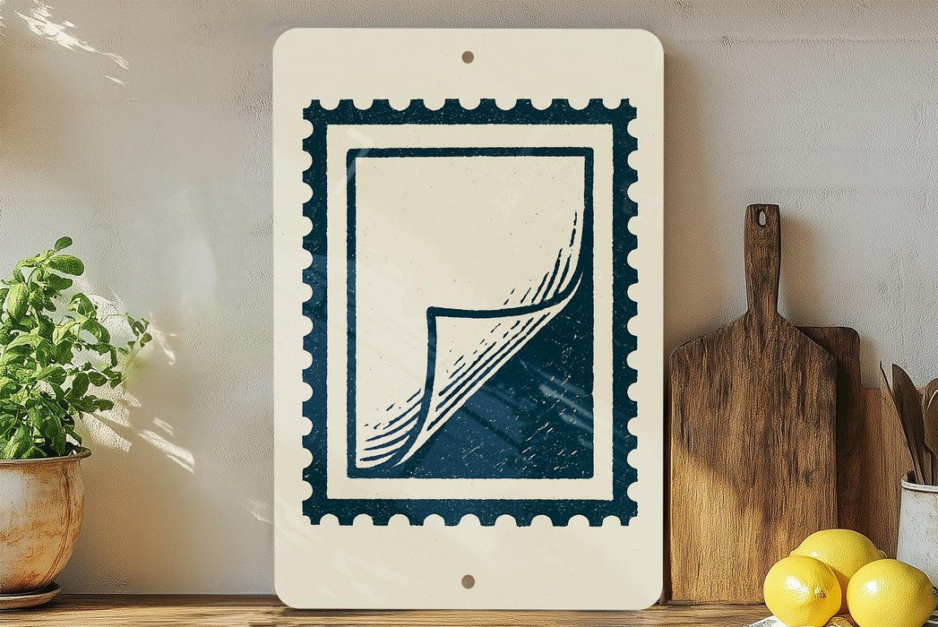 a white rectangular sign with a blue border, displaying a graphic of a stamp or postage stamp, placed on a wooden surface next to a wooden cutting board and some lemons.
