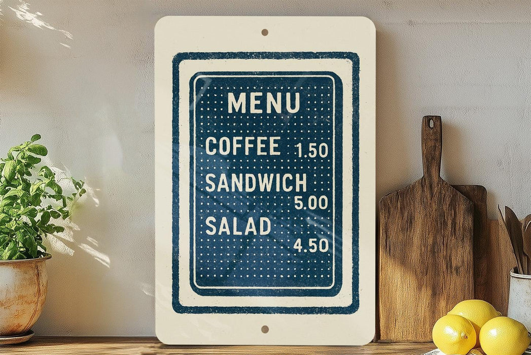 a menu sign with prices for different food items, such as coffee, sandwich, and salad, placed on a wooden countertop next to a potted plant and a cutting board.