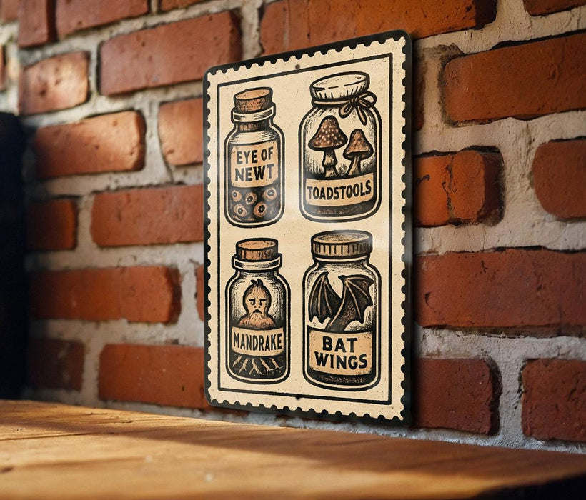 A metal sign with illustrations of four jars containing different items, such as a mushroom, a bat, a bird, and a bird's head, mounted on a brick wall.