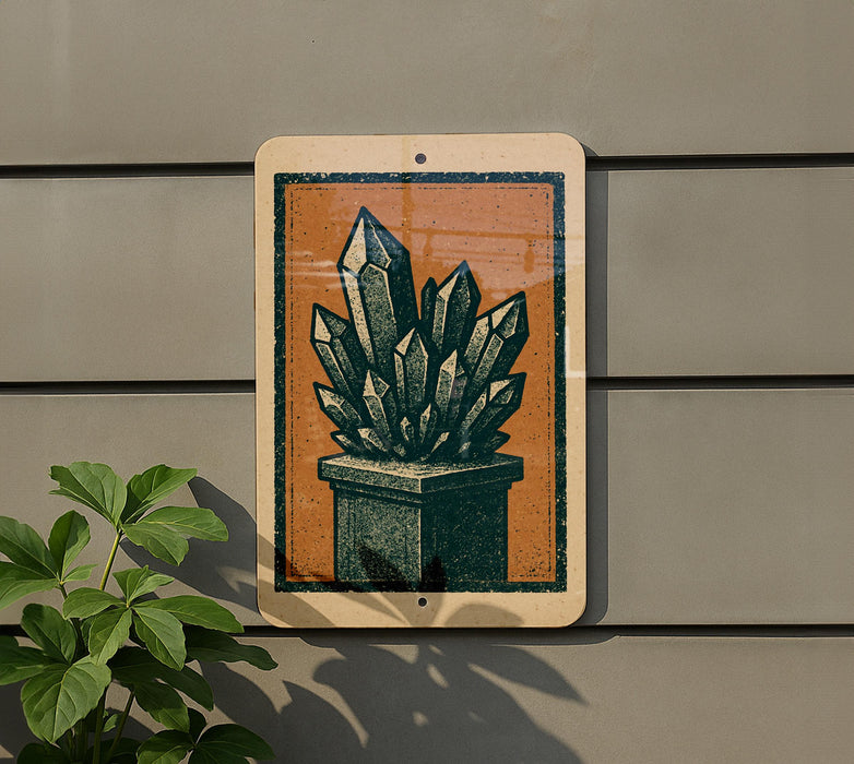 a sign with an illustration of a crystal formation on it, mounted on a wall next to a plant.