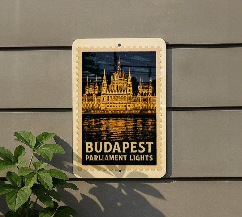 A vintage-style poster of the Hungarian Parliament Building, also known as the Hungarian Parliament, is displayed on a wall.