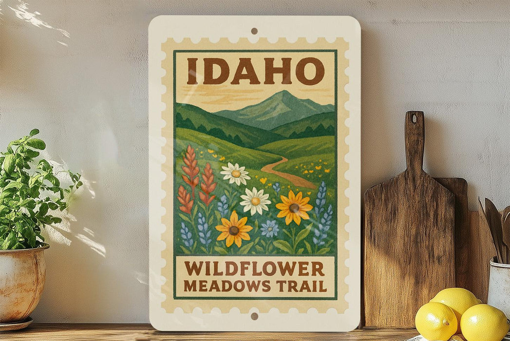 A vintage-style sign for the Idaho Wildflower Meadows Trail, featuring a scenic illustration of a meadow with wildflowers and a mountain backdrop.