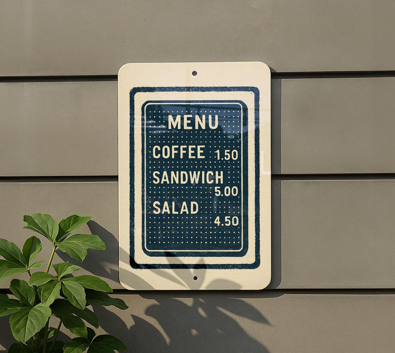 A menu sign on a wall, indicating the prices and items available for customers at a restaurant.