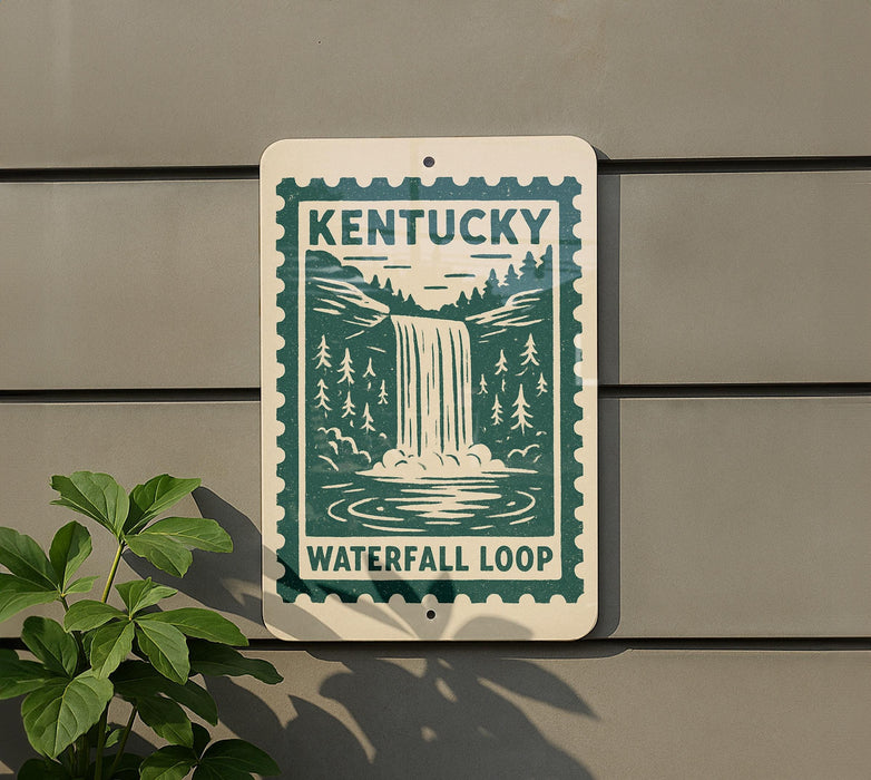A sign for Kentucky's Waterfall Loop, featuring a waterfall and forest landscape, is mounted on a wall next to a plant.