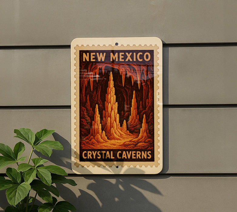 a sign for the New Mexico Crystal Caves, which is mounted on a wall.