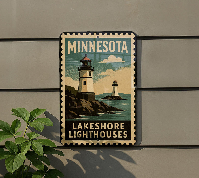 A Minnesota-themed lighthouse sign is displayed on a wall, featuring a lighthouse and a lake.