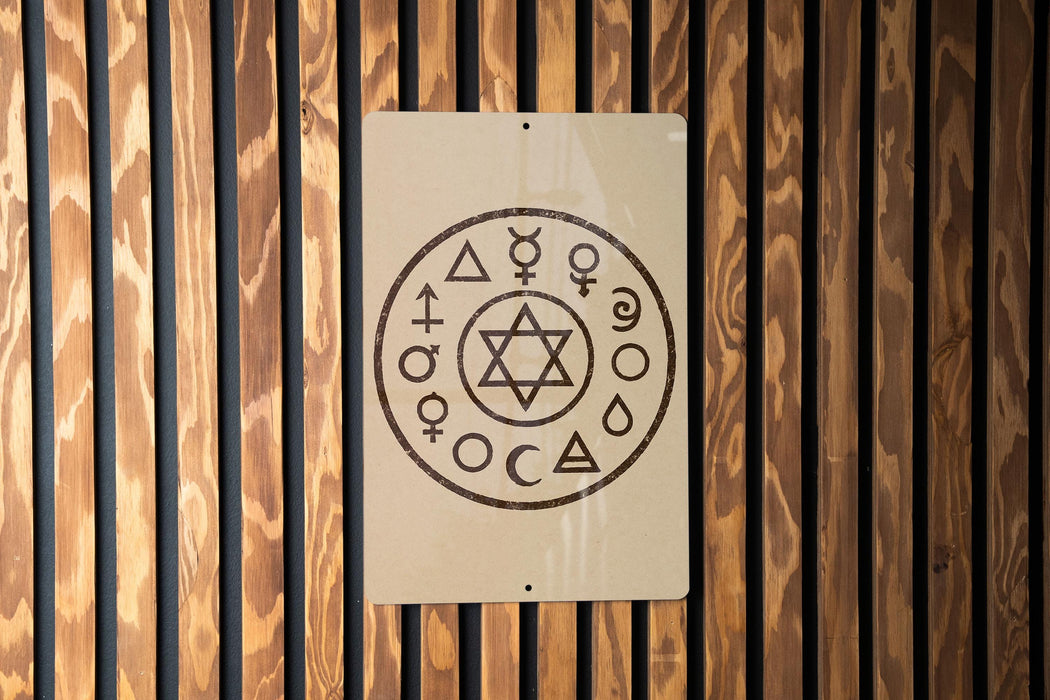 a circular sign with various symbols and a Star of David in the center, mounted on a wooden wall.