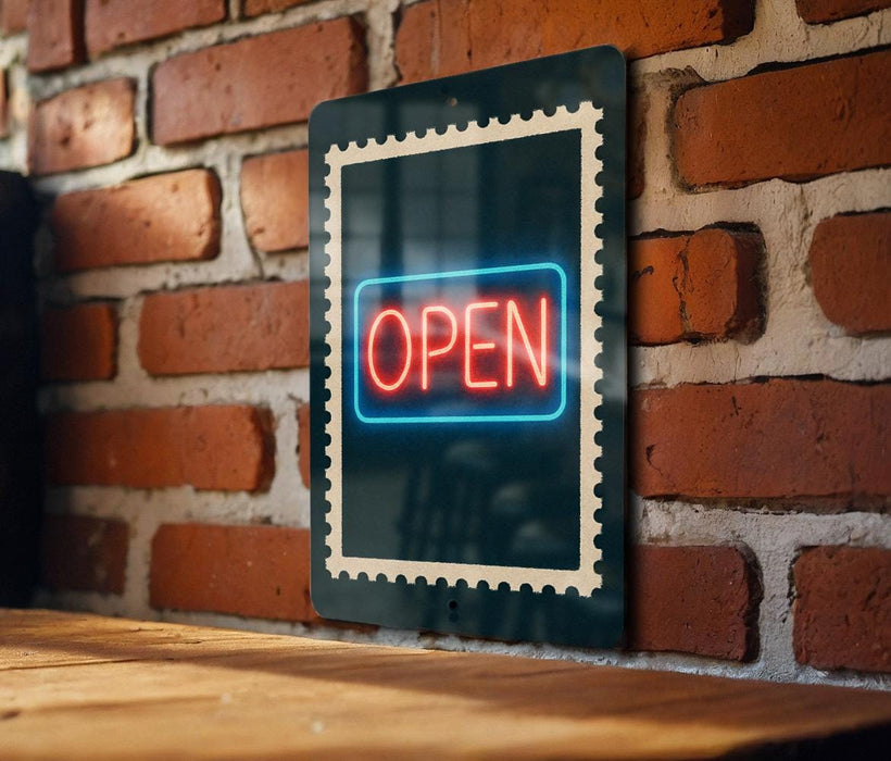 A neon sign that reads "OPEN" is displayed on a brick wall, mounted on a wooden surface.