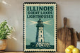A vintage-style sign for the Illinois Great Lakes Lighthouses, featuring a lighthouse illustration, is displayed on a wooden shelf next to a wooden cutting board and a potted plant.