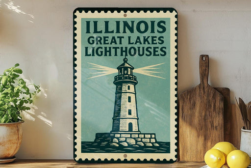 A vintage-style sign for the Illinois Great Lakes Lighthouses, featuring a lighthouse illustration, is displayed on a wooden shelf next to a wooden cutting board and a potted plant.