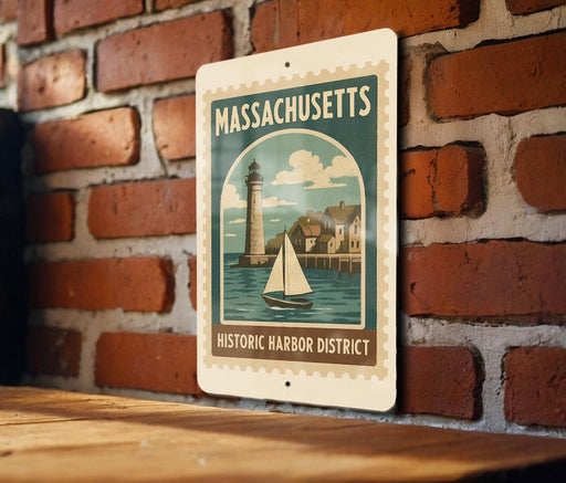 A metal sign with a vintage-style illustration of a lighthouse and a sailboat, mounted on a brick wall.