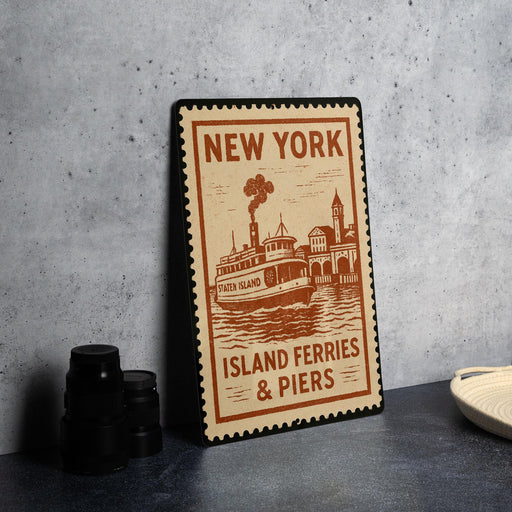 A vintage-style metal sign for the Statue Island ferry and piers in New York, featuring an illustration of a ferry boat and a city skyline.