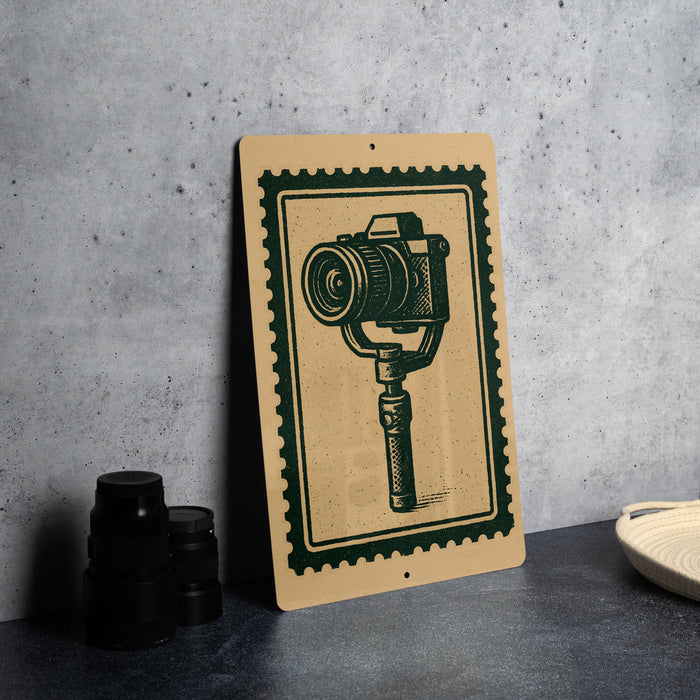 a framed illustration of a camera on a wall, with a stack of black camera lenses placed next to it.