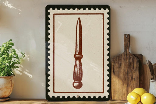a framed illustration of a knife on a wooden surface, with a potted plant to the left and a wooden cutting board to the right.