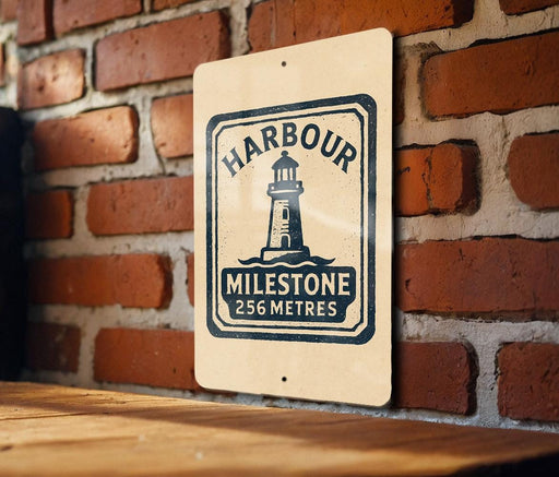 A sign for the Harbour Mile stone lighthouse, mounted on a brick wall.