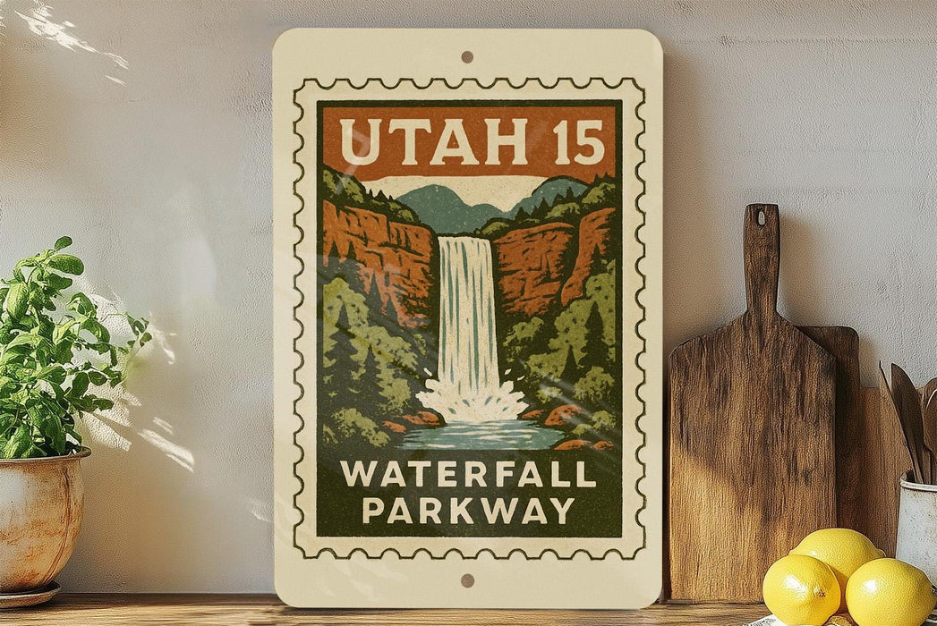 A vintage-style sign for Utah 15 Waterfall Parkway, featuring a waterfall and lush greenery, is displayed on a shelf next to a wooden cutting board and some potted plants.